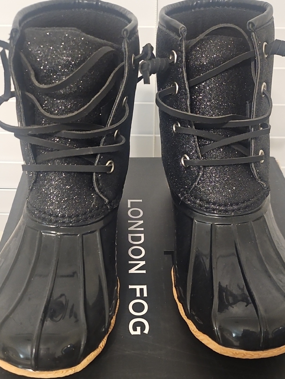 London Fog Women's Black Glitter Lace-Up Duck Boots